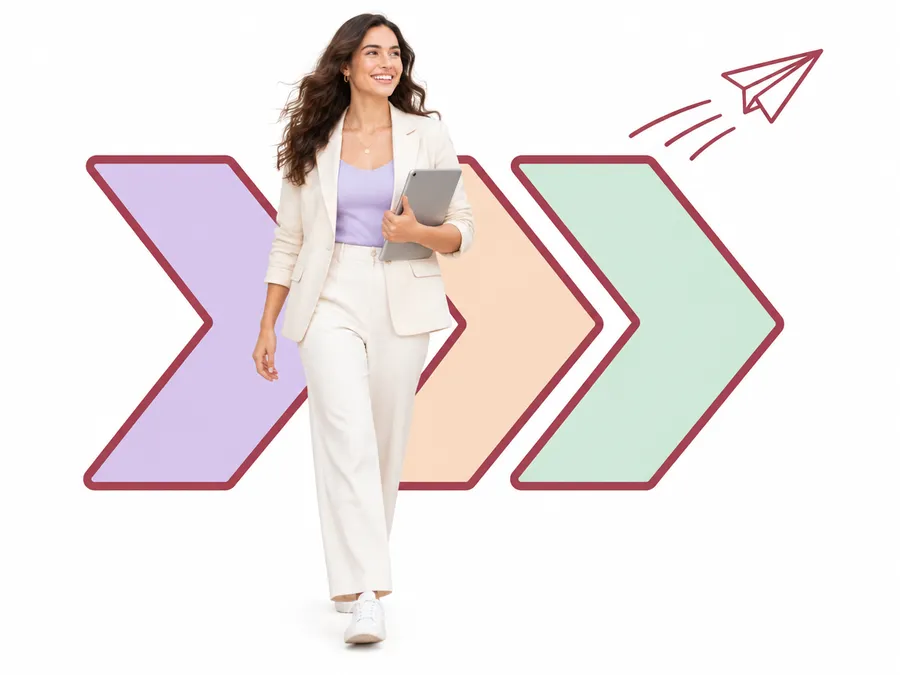 Woman walking forward in front of arrow shapes