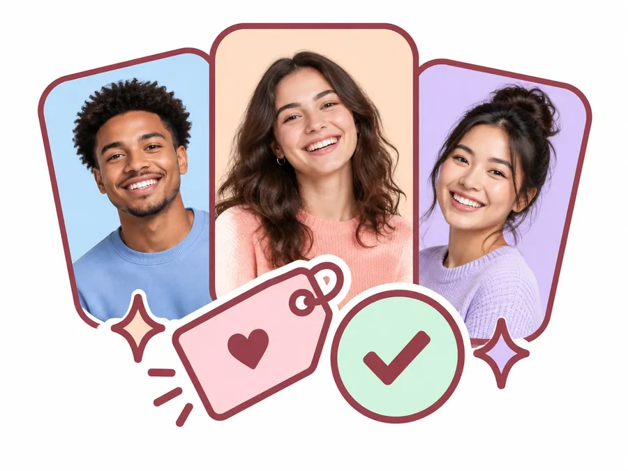 Three smiling customers on pastel cards with a check badge