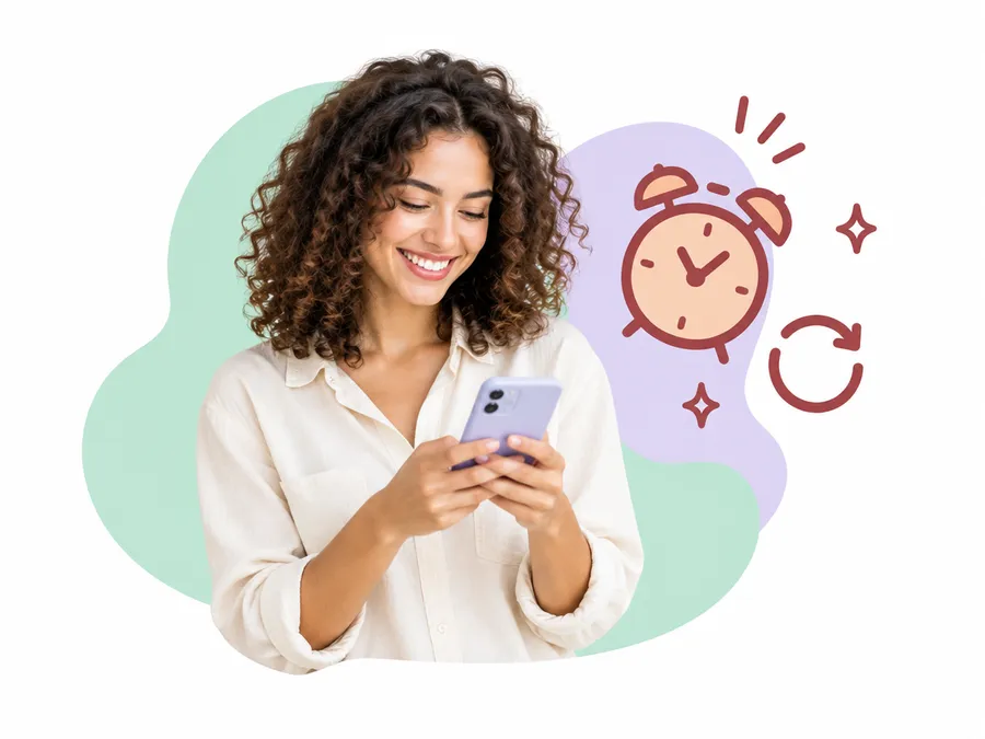 Customer checking her phone next to a clock and refill arrow