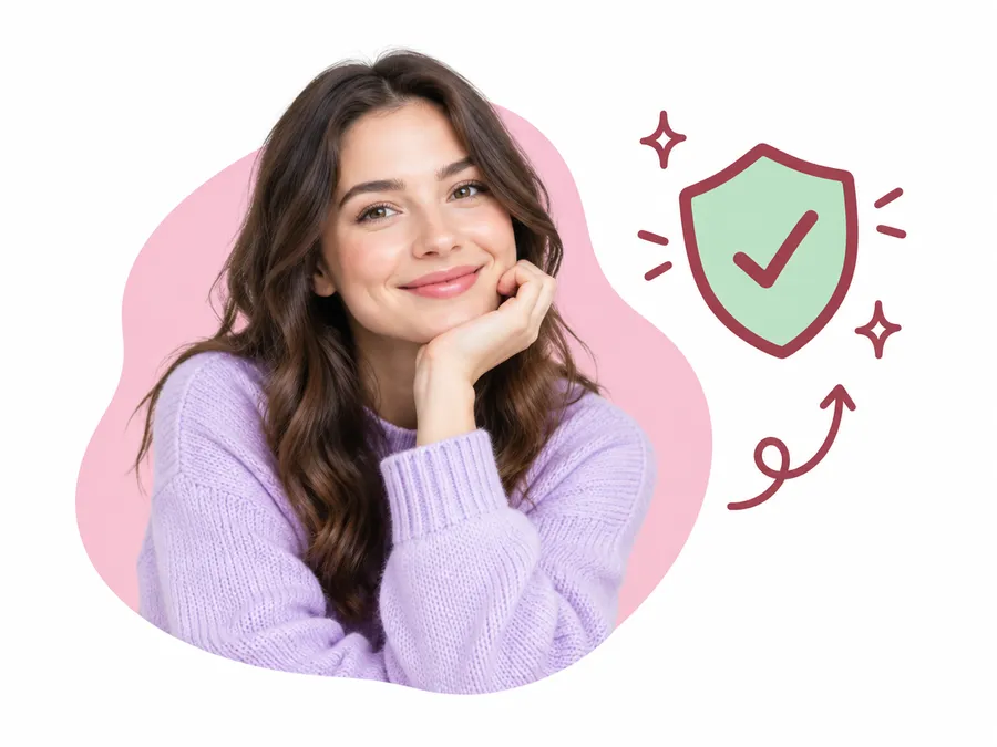 Smiling customer next to a shield with a check mark