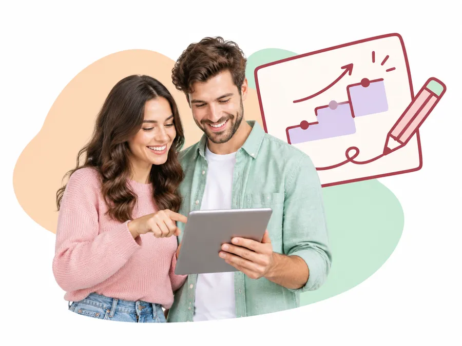 Couple looking at a tablet in front of a rising chart doodle